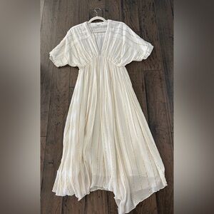 En Creme Cream Midi Dress with Gold Stripe Trim